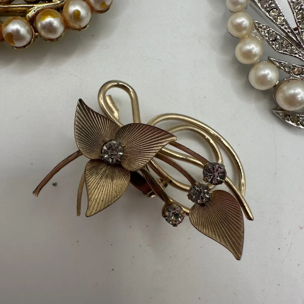 VTG Brooch Lot 3 Faux Pearl Rhinestone Gold Silver Tone Leaf Floral Pins Wedding